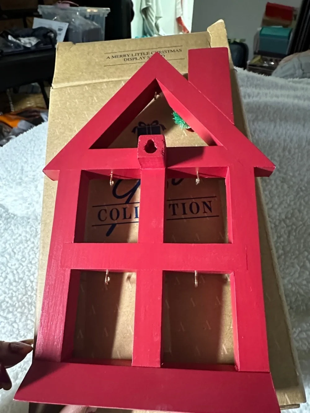Avon Red Wooden House Ornament Display with Green Wreath Accent-Christmas